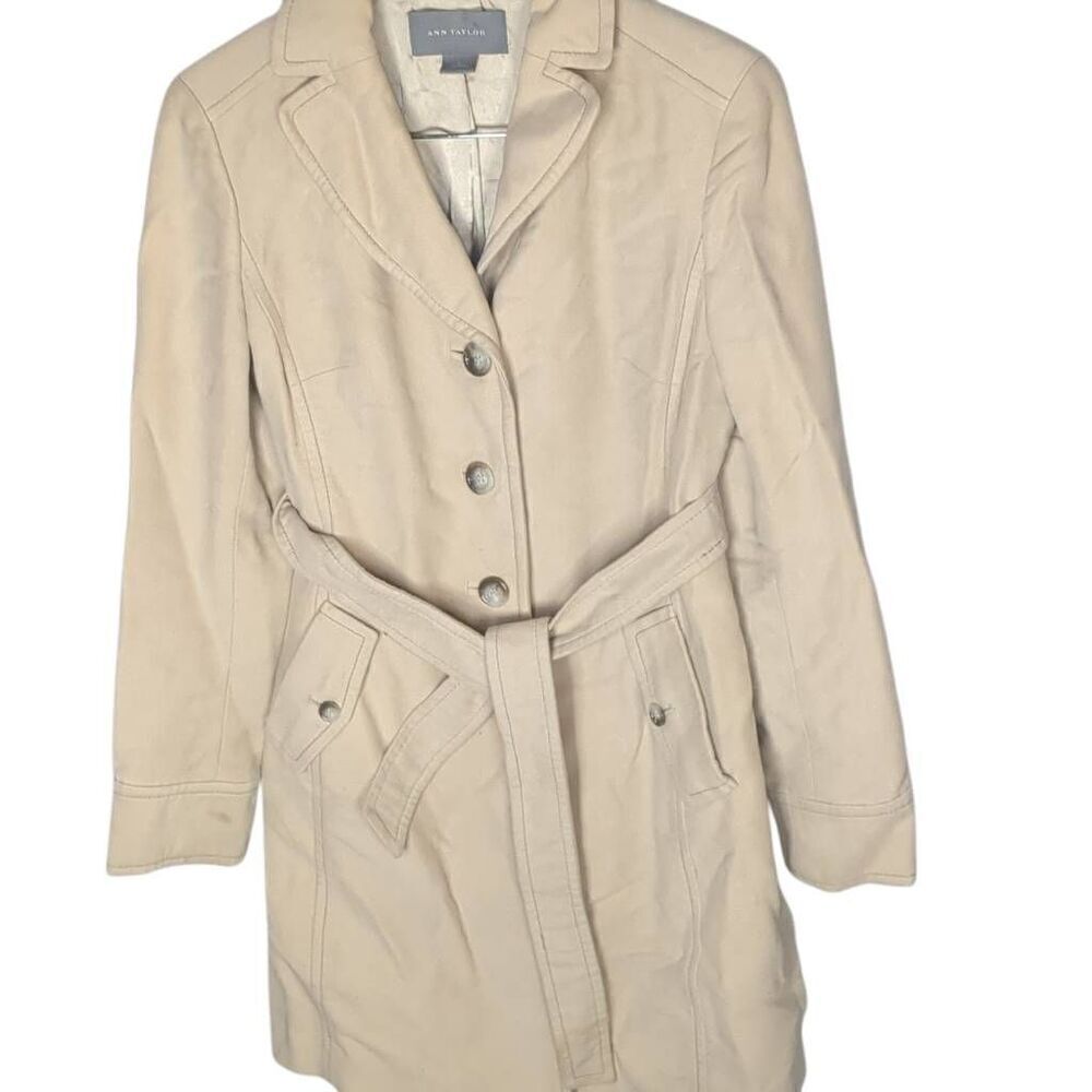 Ann Taylor 100% Cotton Belted Trench Coat Cafe Au Lait Tan Khaki S Small